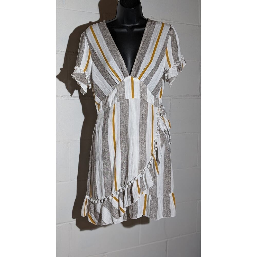 Simplee Striped Mini Dress Wrap Style Ruffle Trim Pom Pom Casual Cute Large